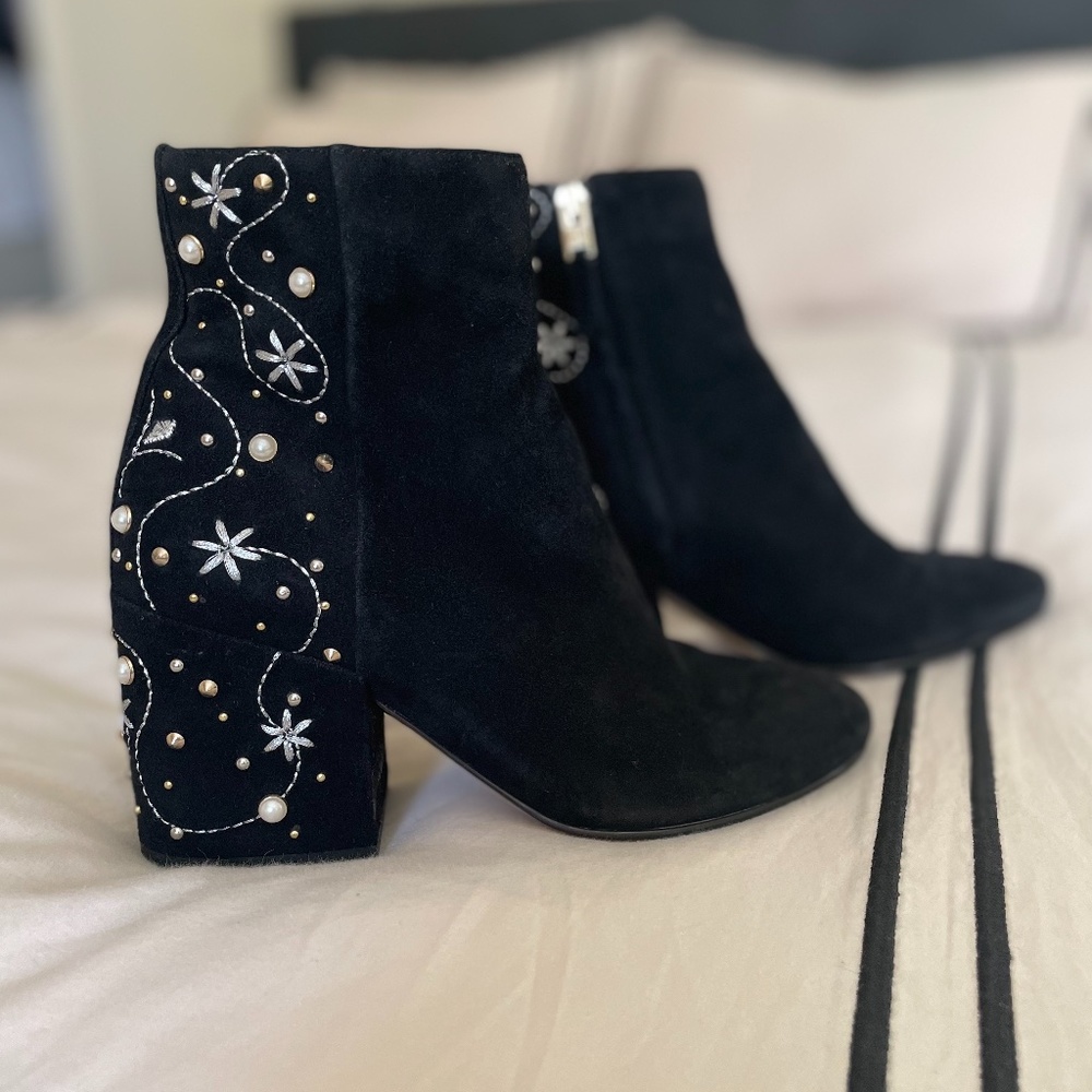 Sam Edelman Beaded Embroidered Suede Heeled Booties